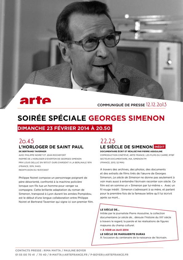 France: broadcast on Arte of « L'Horloger de Saint-Paul », directed by Bertrand Tavernier, followed by « Le Siècle de Simenon » by Pierre Assouline